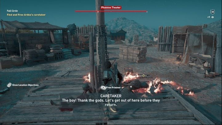 Full Circle revolves around freeing a man held in the Phaistos Theatre - AC Odyssey: Messara, Side Quests - Side Quests - Assassins Creed Odyssey Guide