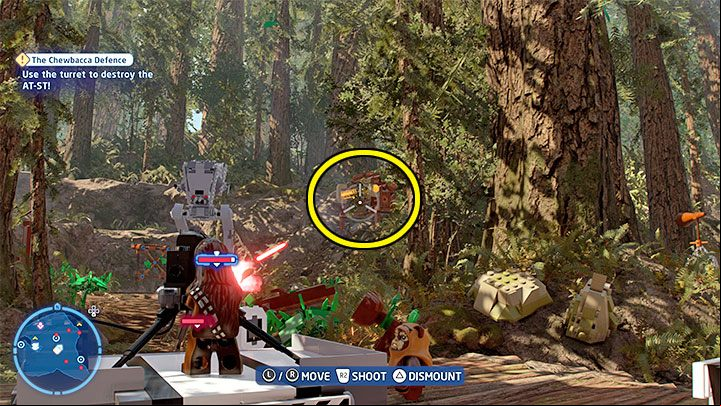 Ultimately, the stationary turret will be destroyed, but you have to rebuild it by reaching the bouncing bricks - LEGO Skywalker Saga: The Chewbacca Defence - walkthrough - Episode 6 - Return of the Jedi - LEGO Skywalker Saga Guide