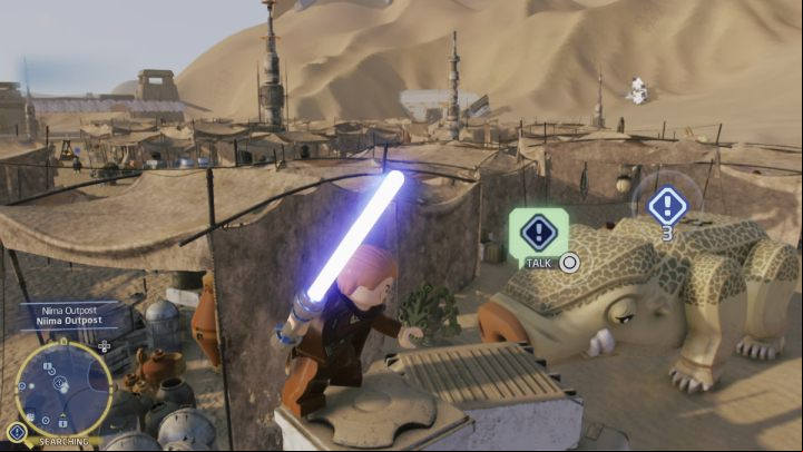 The Happabore will be standing behind the tents - LEGO Skywalker Saga: Hungry Happabore - walkthrough - Jakku - Niima Settlement - LEGO Skywalker Saga Guide