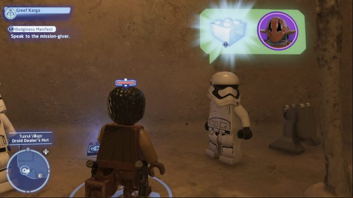 As a scoundrel, talk to the quest giver and accept the mission - LEGO Skywalker Saga: Dodginess Manifest - walkthrough - Jakku - Tuanul Village - LEGO Skywalker Saga Guide