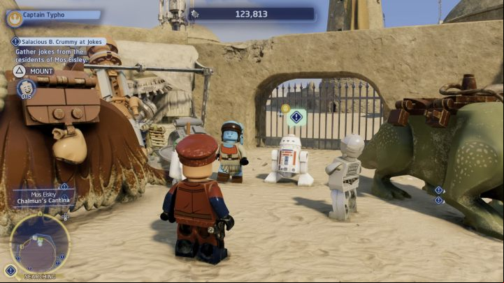 The first character telling a joke is the Astromech Droid - LEGO Skywalker Saga: Salacious B. Crummy at Jokes - walkthrough - Tatooine - the desert of Jundland - LEGO Skywalker Saga Guide