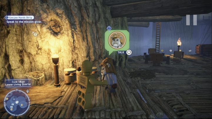 Talk to the questgiver on the village's lower level while playing as a protocol droid - LEGO Skywalker Saga: Geejaw Hands Dirty - walkthrough - Endor - the ewok village - LEGO Skywalker Saga Guide