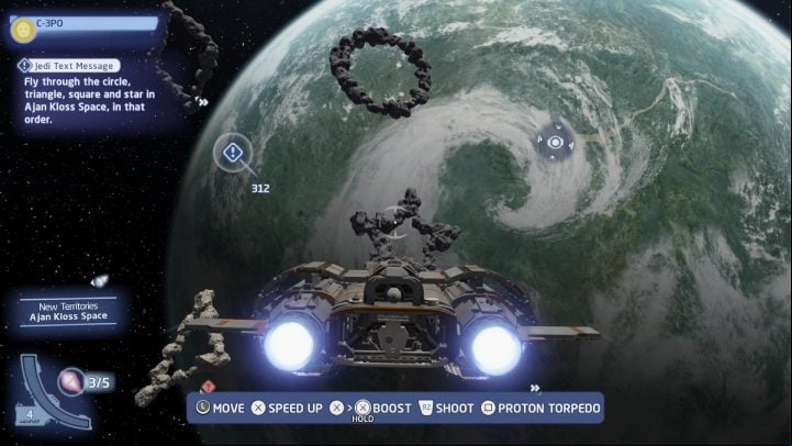 Go to the local space of the planet Ajan Kloss and fly to the mission objective - LEGO Skywalker Saga: Jedi Text Message - walkthrough - Ajan Kloss - resistance camp - LEGO Skywalker Saga Guide