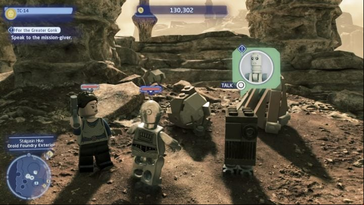 You must talk to the questgiver at the Stalgasin Hive on Geonosis while playing as a protocol droid - LEGO Skywalker Saga: For the Greater Gonk - walkthrough - Geonosis - UI Stalgasin - LEGO Skywalker Saga Guide