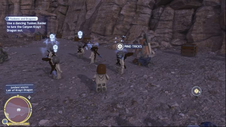 As a Jedi, approach the Tuskens standing by the canyon and use the Force on one of them - LEGO Skywalker Saga: Tuskens and Dragons - walkthrough - Coruscant - federal district - LEGO Skywalker Saga Guide