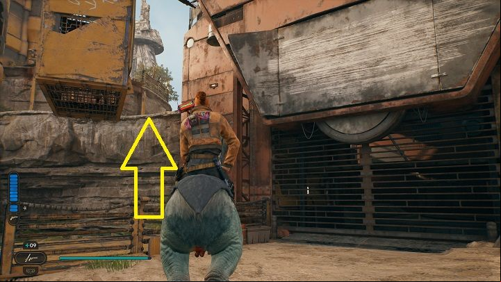 Mount a Nekko again and this time place yourself at the locked gate of a large building nearby - Jedi Survivor: Harvest Ridge - list of secrets - Koboh - Star Wars Jedi Survivor guide