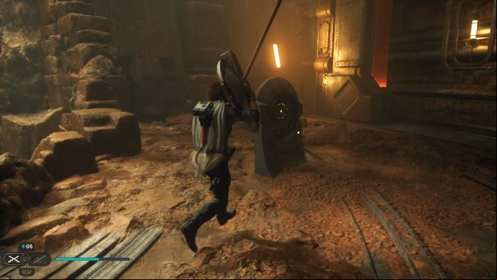 Now grab the left object with a rope and reach the position in the picture with it - Jedi Survivor: Opening the Gate at the Buried Refuge - Puzzles - Star Wars Jedi Survivor guide