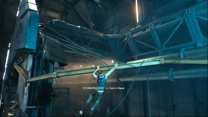 Jump up and grab onto a metal beam, then move to the right - you don't have to be afraid of blaster shots fired by guards - Star Wars Jedi Survivor: Coruscant - walkthrough - Walkthorugh - Star Wars Jedi Survivor guide