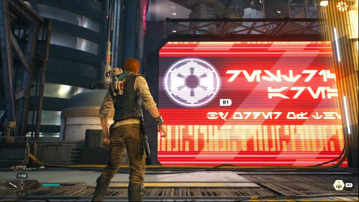 When you reach a dead end, have Bode move a billboard for you - climb it - Star Wars Jedi Survivor: Coruscant - walkthrough - Walkthorugh - Star Wars Jedi Survivor guide