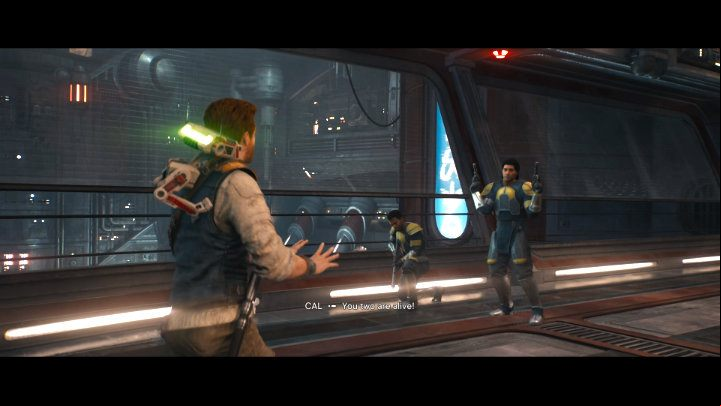 As you enter the hangar, watch a cut-scene with Bado and Brove - Star Wars Jedi Survivor: Coruscant - walkthrough - Walkthorugh - Star Wars Jedi Survivor guide