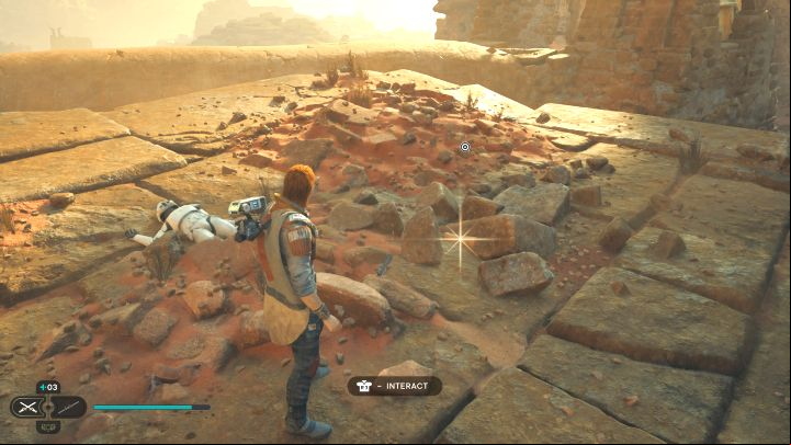 This Jedha Scroll is on the ground in the central part of the ruins - the same area where you encounter a group of enemies - Jedi Survivor: Monastery Walls on Jedha - list of secrets - Jedha - Star Wars Jedi Survivor guide